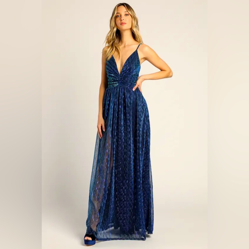Lulu's Blue Sequin Plunge Maxi Gown